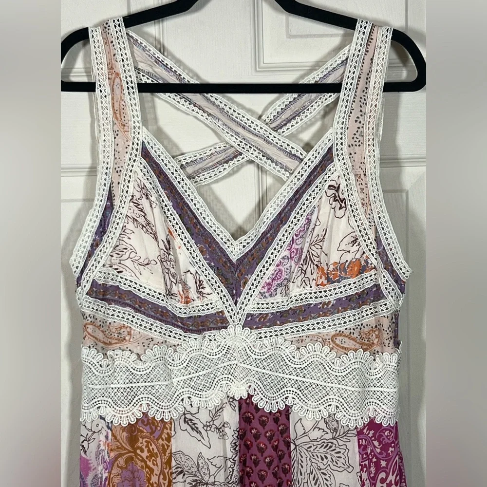 Anthropologie Sleeveless V Neck Patchwork Boho Maxi dress in pink combo, size 12 - Picture 7 of 11